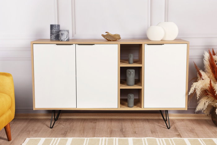 Hanah Home Consola Roble, Blanco. Fabricada 100% en tablero de partículas revestido de melamina con patas metálicas. Medidas: 142x83x35.6 cm.